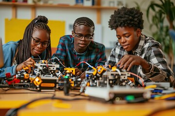 Group of african american students building and programming electric toys and robots at robotics classroom