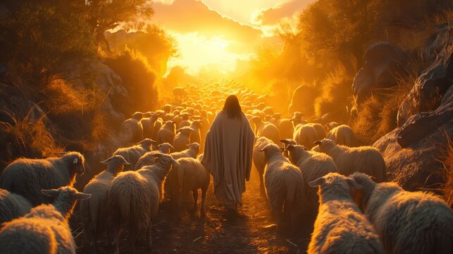 a shepherd guiding his flock of sheep. Created with Generative AI.