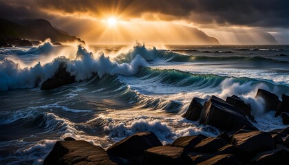 Dramatic ocean waves crashing on the shore with rays of sunlight coming through the clouds.  - obrazy, fototapety, plakaty