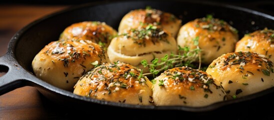 A pan filled with freshly baked garlic buns, coated in a mixture of olive oil, herbs, and seasonings, ready to be served.