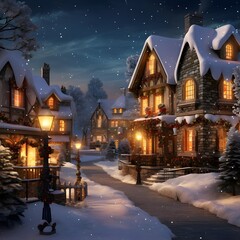 Beautiful wooden houses in the village on a winter night. 3d rendering