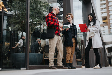 Three business associates having an informal meeting outdoors, sharing documents and conversing near an office entrance.
