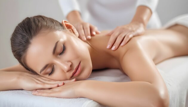 woman receiving a back massage Close-up of a beautiful young woman with closed eyes relaxing on massage spa treatment on a blurred bright salon background with copy space created with generative ai	