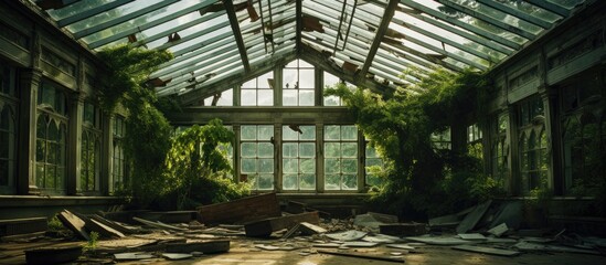This room is filled with an abundance of windows, allowing natural light to flood in. The broken skylight above adds an element of intrigue to the otherwise empty conservatory.