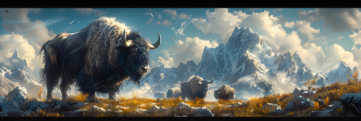 Wildebeest Stampede in the Grass Plains of Africa HyperRealistic,
 Adult black yaks with horns and white spot on head
 - obrazy, fototapety, plakaty