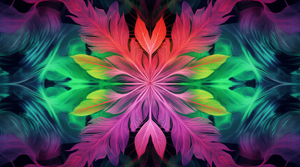 Fototapeta na wymiar A kaleidoscopic effect with colorful leaves creating a symmetrical pattern, neon color wallpaper