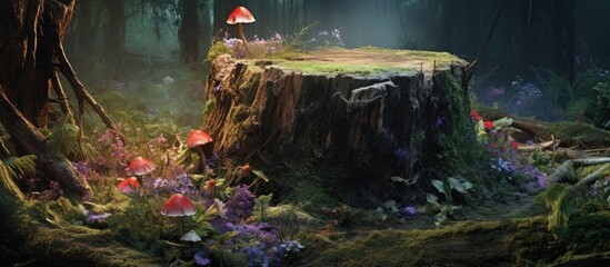 A decaying tree stump stands prominently in a dense forest, covered in vibrant green moss and colorful flowers. The decomposed surroundings add a sense of natural transformation and renewal to the