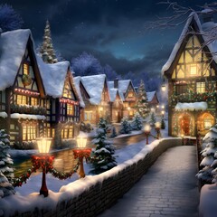 Winter night in the village. Christmas and New Year holidays background.