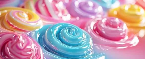 Fototapeten Lustrous swirls of candy in a kaleidoscope of pink, blue, and yellow hues evoke a playful and delicious atmosphere. © BackgroundWorld