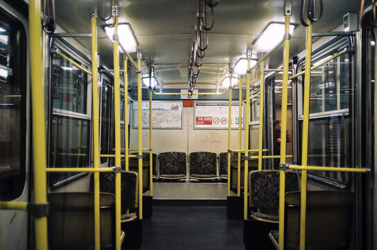 Travelling in a empty bus at night with geometric perspective