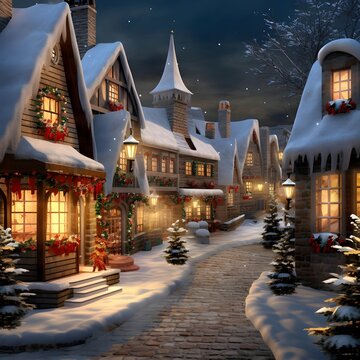 christmas town at night in winter 3d illustration design with snow