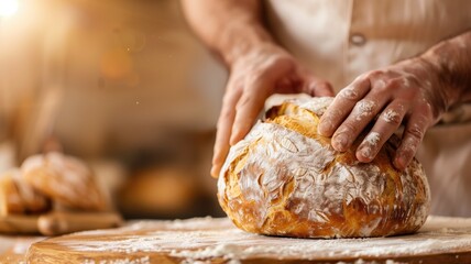 Baker holding freshly baked bread with flour dusted hands