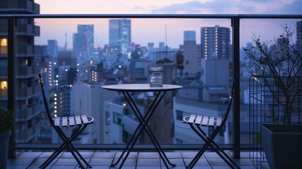 Serene cityscape view from a cozy balcony with a glass jar on the table at dusk