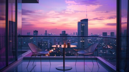 A serene cityscape view from a balcony at dusk with a table set for two - obrazy, fototapety, plakaty