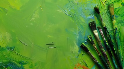 Vibrant green paint strokes and brushes on a canvas