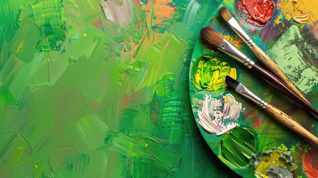 A painter's palette covered in vibrant oil paints and brushes against a green backdrop