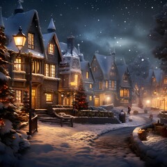Winter village at night with snow and falling snowflakes, 3d illustration
