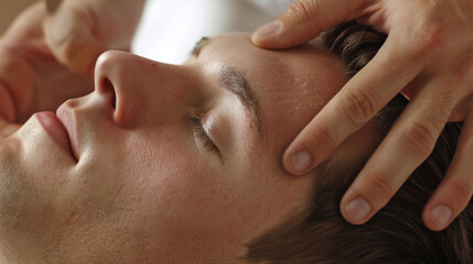 A persons hand applying gentle pressure to the reflex point on the ear that is believed to stimulate the digestive system and aid in digestion.
