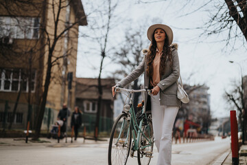 Elegant young woman in a hat stands with her vintage bicycle on a city street, exuding confidence and urban chic style.