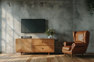 Living room interior has cabinet for tv and leather armchair in cement room with concrete walls