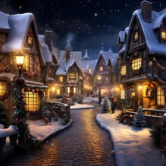 Winter night in the village. Christmas and New Year concept. Christmas card.