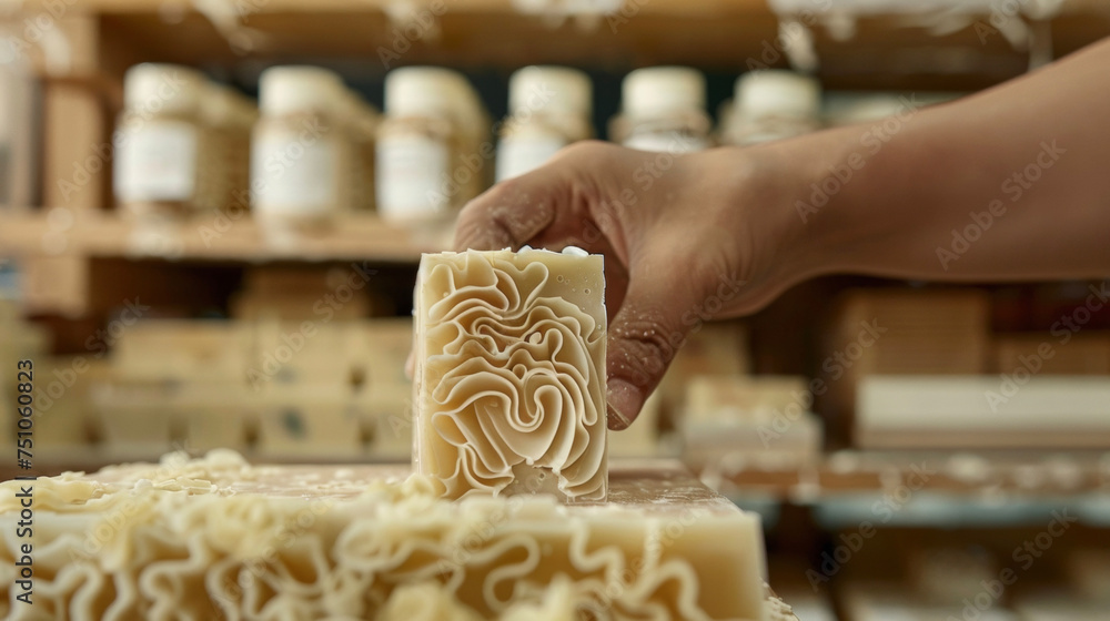 Poster a closeup of a hand ting a block of soap revealing the intricate layers and designs within. in the b