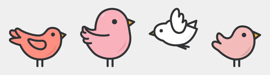 Set of a cute birds in pink and white color palette vector illustration