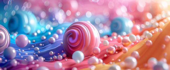 Abstract candy landscape with glossy pink and blue spheres on striped orange and pink surfaces under a dreamlike bokeh light backdrop.