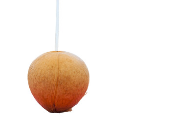 Iced coconut on a beach kiosk table..Brazilian tropical beach in hot summer on Ilhabela. Coconut concept. object isolated.