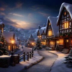 Snowy village in the mountains at night. Christmas and New Year concept.