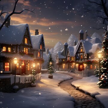 Digital painting of a small village in the snow at night with christmas lights