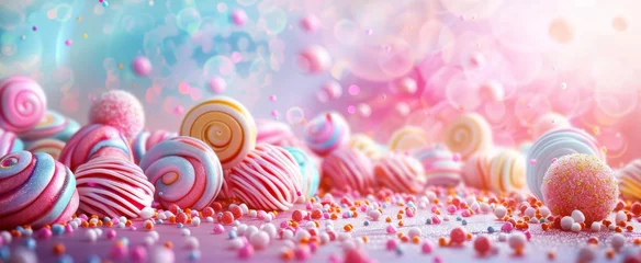 Poster A close-up of sugar-coated candies in a dreamlike landscape with an array of pink and blue hues, complemented by soft, glowing bokeh lights. © BackgroundWorld