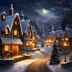 Christmas village at night in the moonlight - illustration for children.