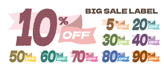 Ribbon sale colorful badges, banners, price tags.Discount off tag set.Sale hot price offer.10%, 20%, 30%, 40%, 50%, 60%, 70%, 80%, 90%, Discount. Sale tags set vector badges template. Sale offer price