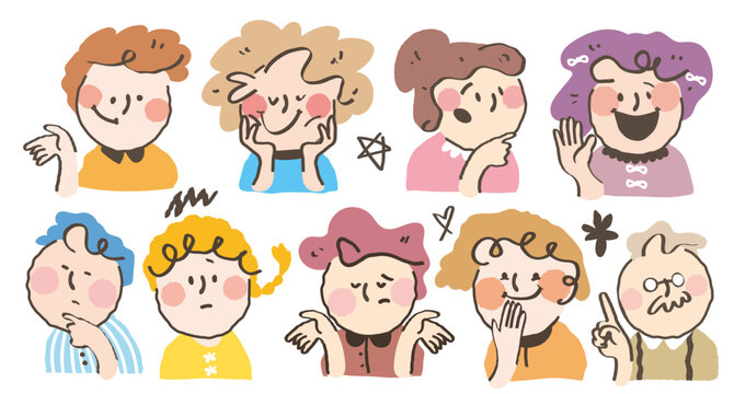 Hand drawn style stylish character avatar. Colorful crayon drawn people profile with variety facial emotions. Set of out line style kids face expression. Flat abstract line drawing style head vector.