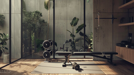 A fitness equipment in a home gym setting