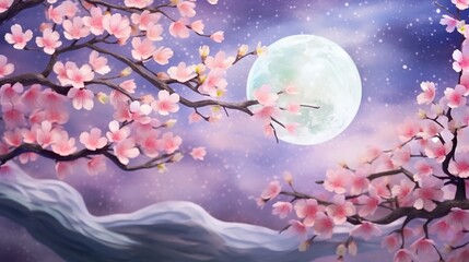 Watercolor fantasy cherry blossoms under a spring moon stylized and dreamy Magical nightwatercolor tone pastel 3D Animator