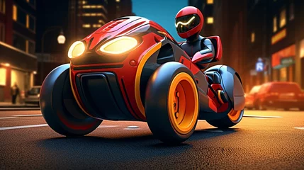 Foto op Canvas A sleek advanced robot on a motorcycle its design inspired by vintage toys racing through a neonlit city 3D renderadorable © Alpha