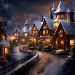 Winter landscape with a small village in the snow. Christmas fairy tale. - obrazy, fototapety, plakaty