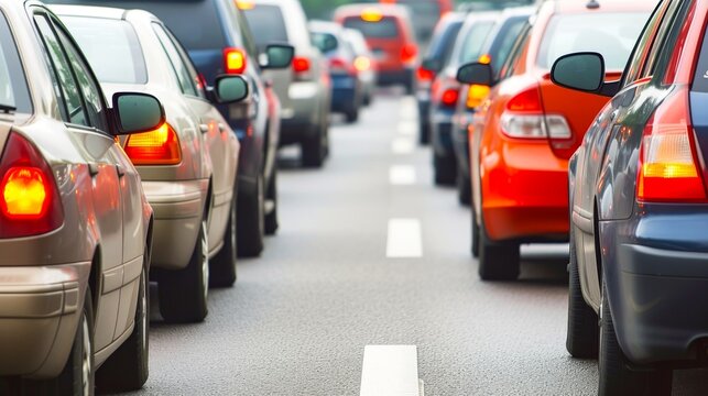 Cars on highway in traffic jam, city street traffic congestion during rush hour