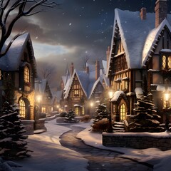 Winter night in a small village. Illustration of a winter night.