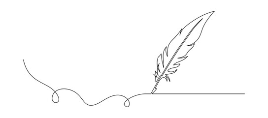 One continuous line drawing of bird feather. Writer and poetry symbol logo in simple linear style. Quill pen in Editable stroke. Doodle hand drawn vector illustration - obrazy, fototapety, plakaty