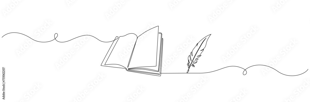 Aufkleber one continuous line drawing of bird feather with book. writer and poetry symbol logo in simple linea