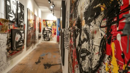 Urban art gallery displaying vibrant graffiti-style paintings, contemporary space