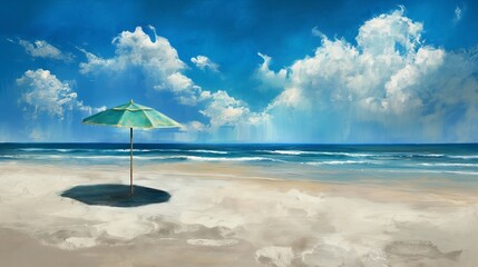 A lone beach umbrella casting a shadow on the sand, surrounded by the soothing palette of a cloud-studded sky and the rhythmic ebb of the tide.