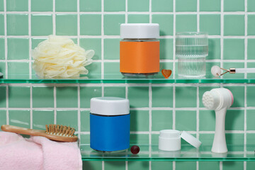 Composition with bottles of gummy vitamin and bath supplies