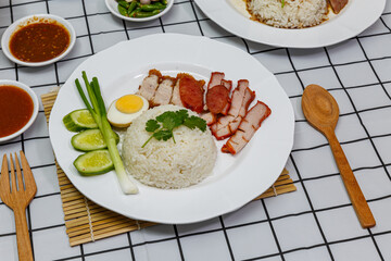 Crispy roasted belly pork Chinese style and rice. THAI FOOD