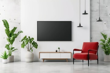 Mockup a TV wall mounted with red armchair in living room with a white wall