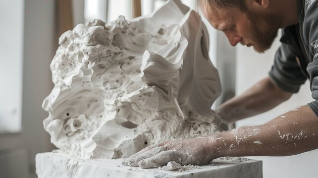 Artisan sculpting intricate details on a white sculpture