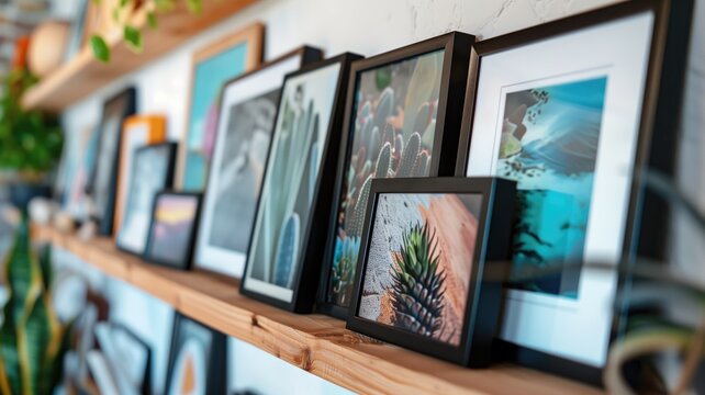 Gallery wall with various framed pictures in a modern setting